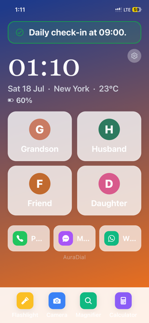 AuraDial home screen with giant clock, four favorite contacts and quick tools